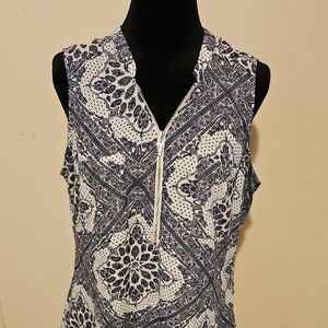 New York & Company Black and White Fitted Mandarin Collar Blouse